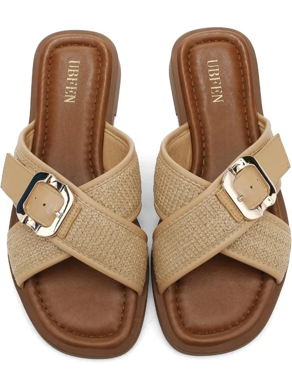 Women's Khaki 1 Square Toe Flat Sandals Slides Dressy Comfortable for Beach